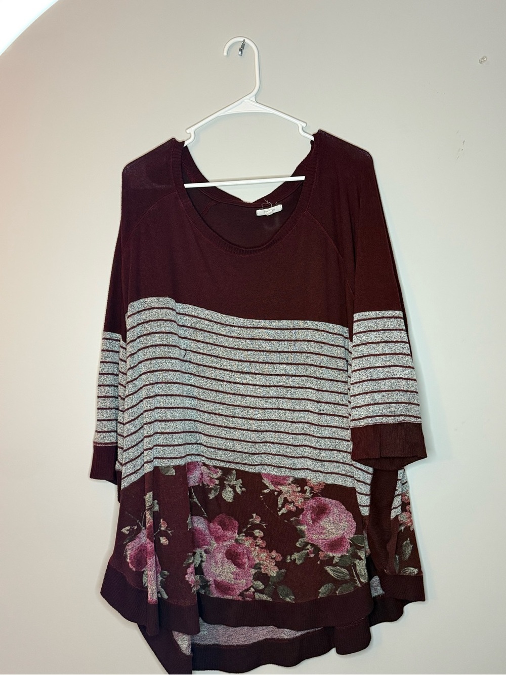 Maurices Burgundy Striped Tunic with Floral Hem